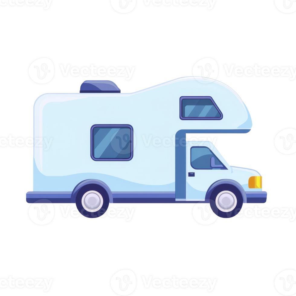 Cartoon style illustration of light blue camper van with rounded edges and windows, showcasing playful and adventurous vibe. vehicle is designed for travel and exploration png
