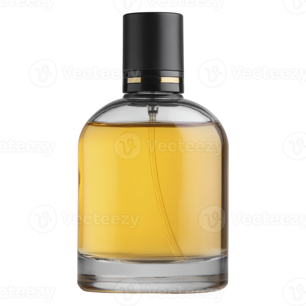 Sleek glass perfume bottle with black cap contains golden liquid, exuding elegance and luxury. minimalist design highlights fragrance sophistication and allure png