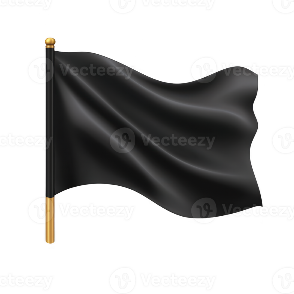 Black flag waves gently on golden pole, symbolizing mystery and elegance. smooth fabric catches light, creating subtle highlights and shadows png