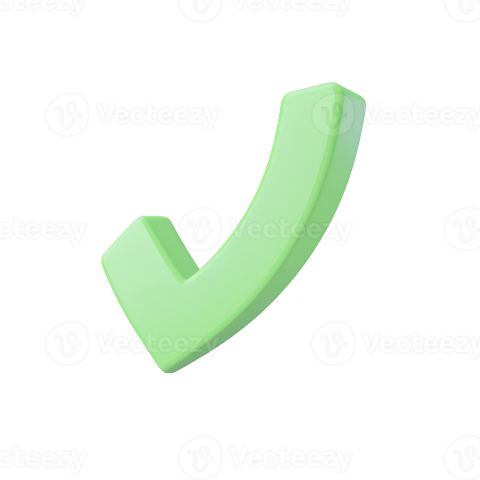 3D green check mark symbol on transparent background, representing approval or confirmation. check mark is tilted slightly, giving it dynamic and modern appearance png