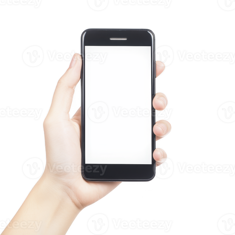 Hand holding smartphone with blank screen, isolated on transparency background. image focuses on device, showcasing its sleek design and modern technology png