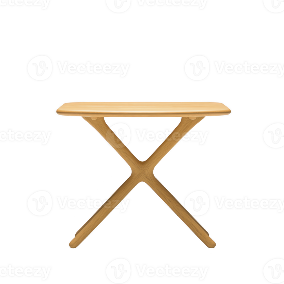 Modern wooden table with minimalist design features smooth rectangular top and crossed legs, ideal for contemporary interiors. Its natural finish adds warmth to any space png