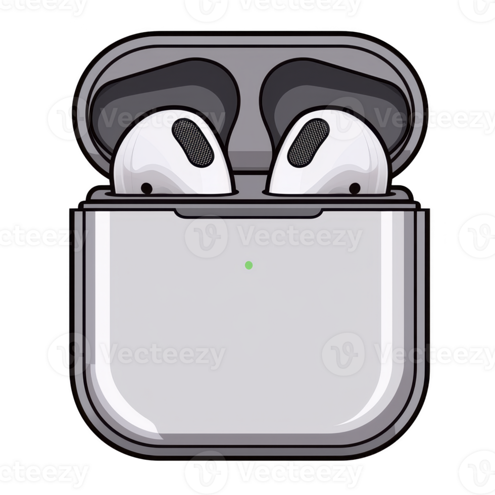 Wireless earbuds in sleek charging case, featuring modern design and compact size, perfect for on go listening. case is open, revealing earbuds inside png