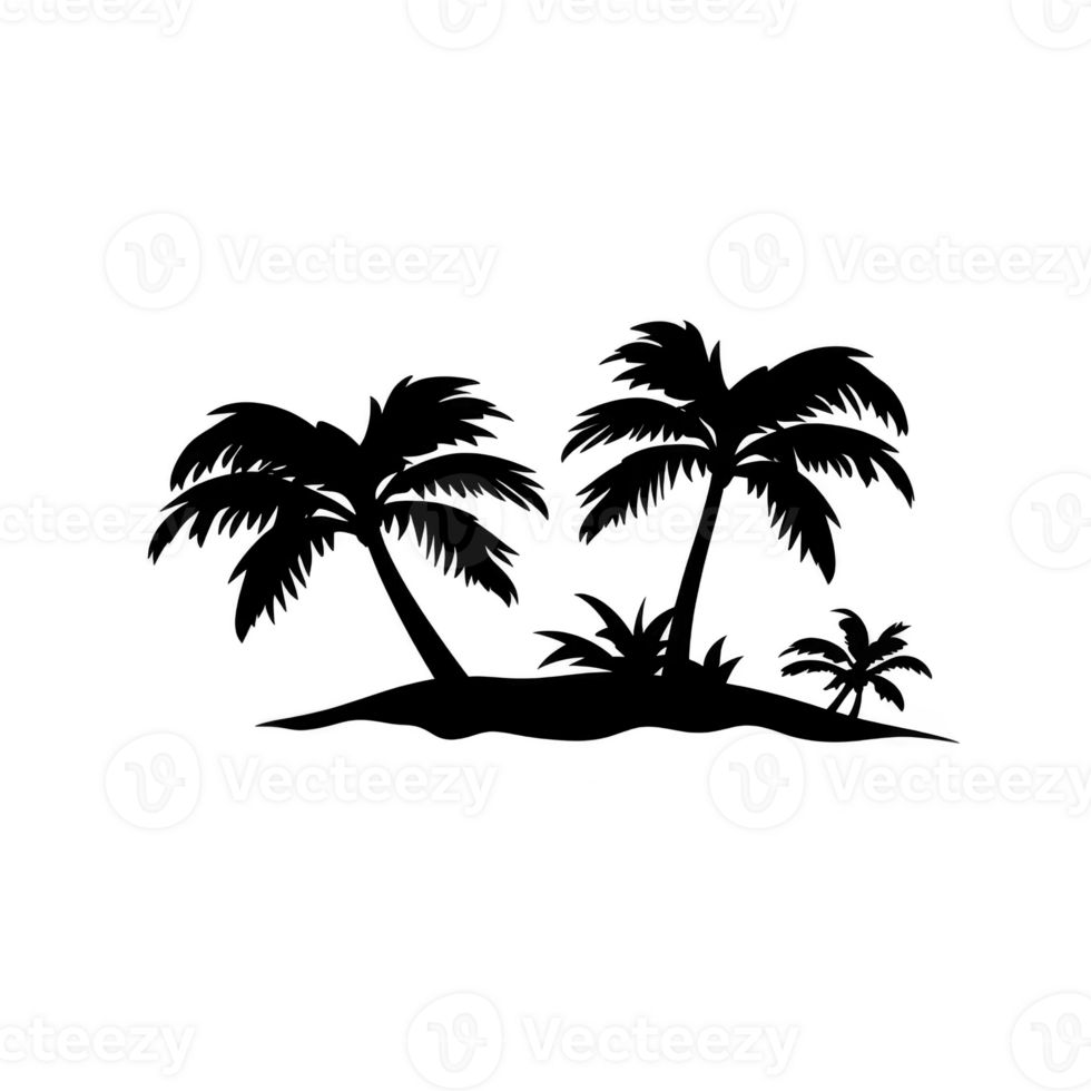Silhouette of palm trees on small island, evoking tropical and serene atmosphere. simple black design highlights iconic shape of trees against plain background png