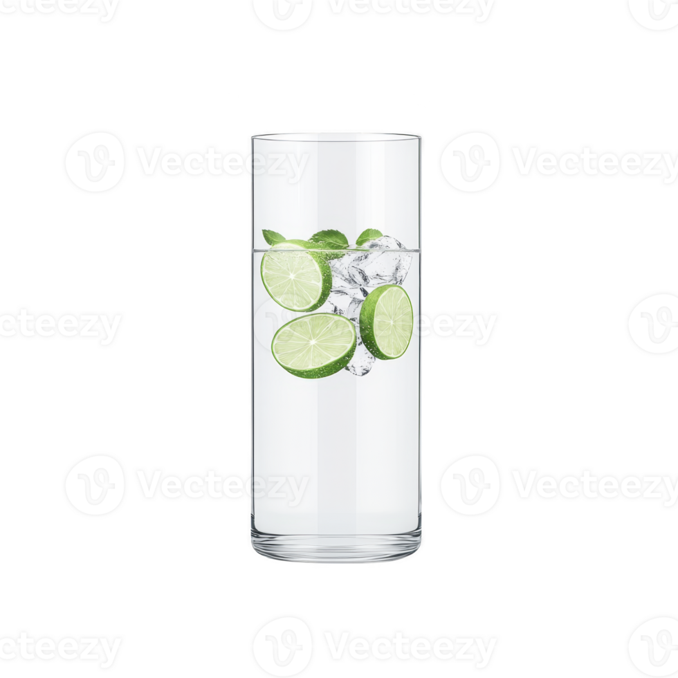 Tall glass filled with refreshing water, ice cubes, and lime slices, creating cool and invigorating drink. clear glass showcases vibrant green of lime against ice png