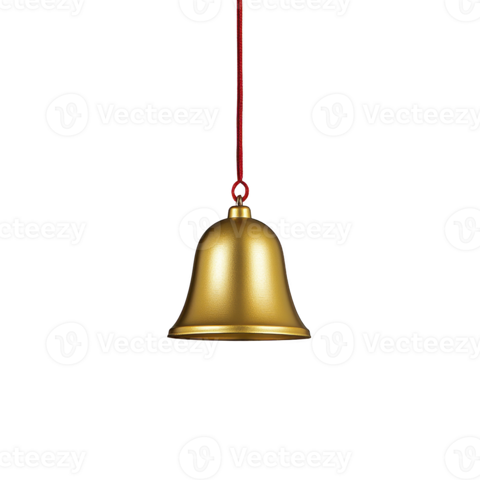 Golden bell with red string is suspended against plain background, showcasing its shiny metallic surface and elegant design png