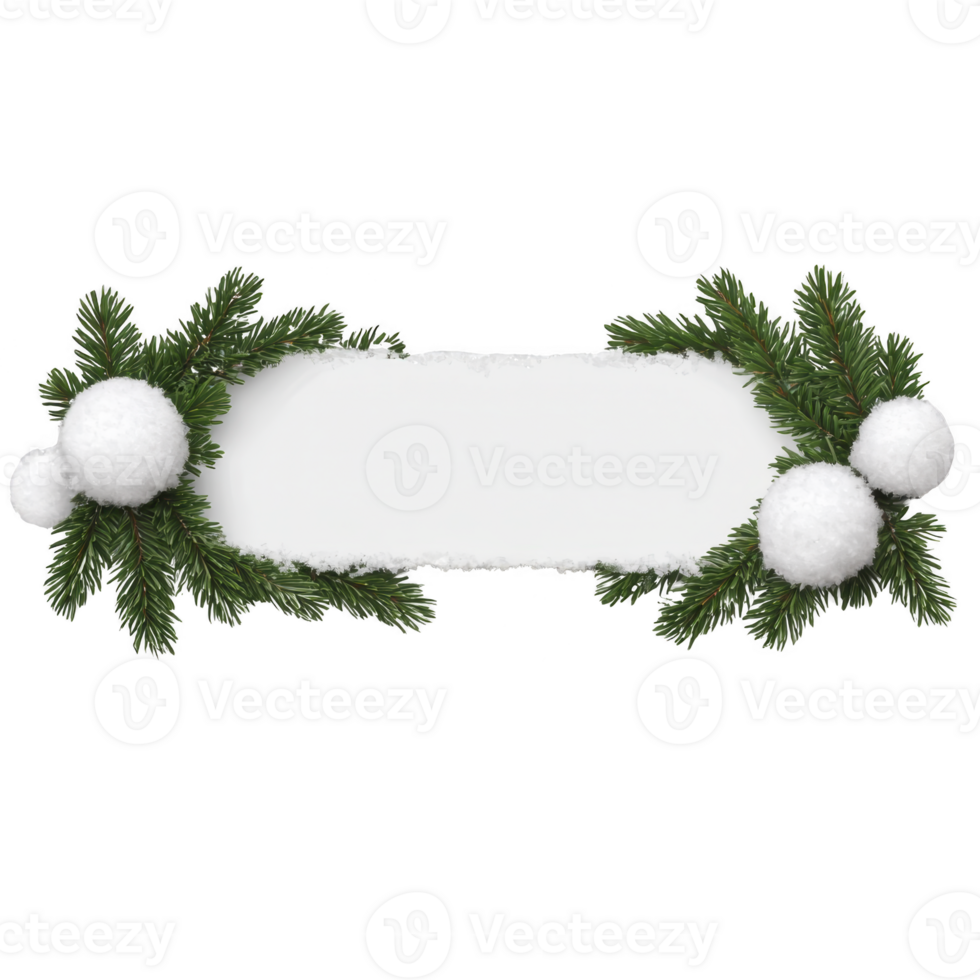 Festive border of green pine branches and snowballs frames blank white space, perfect for holiday greetings or invitations. design evokes wintery, cheerful atmosphere png