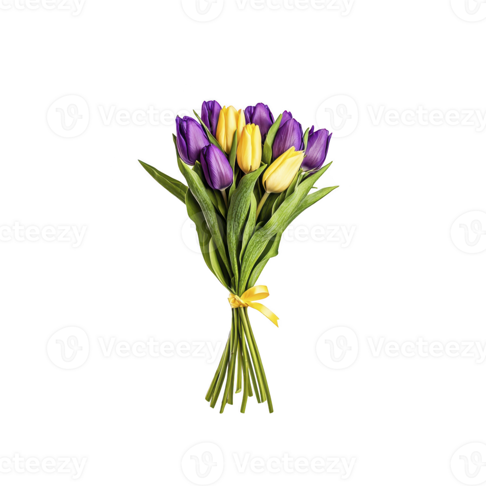 Vibrant bouquet of purple and yellow tulips tied with yellow ribbon, showcasing fresh and cheerful floral arrangement png