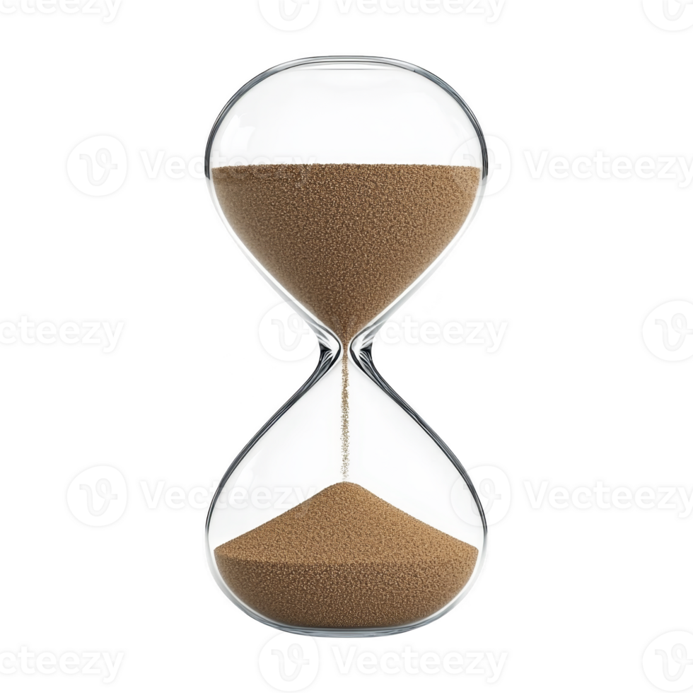 Hourglass with sand flowing from top bulb to bottom symbolizes passage of time. clear glass and brown sand create classic and timeless design png