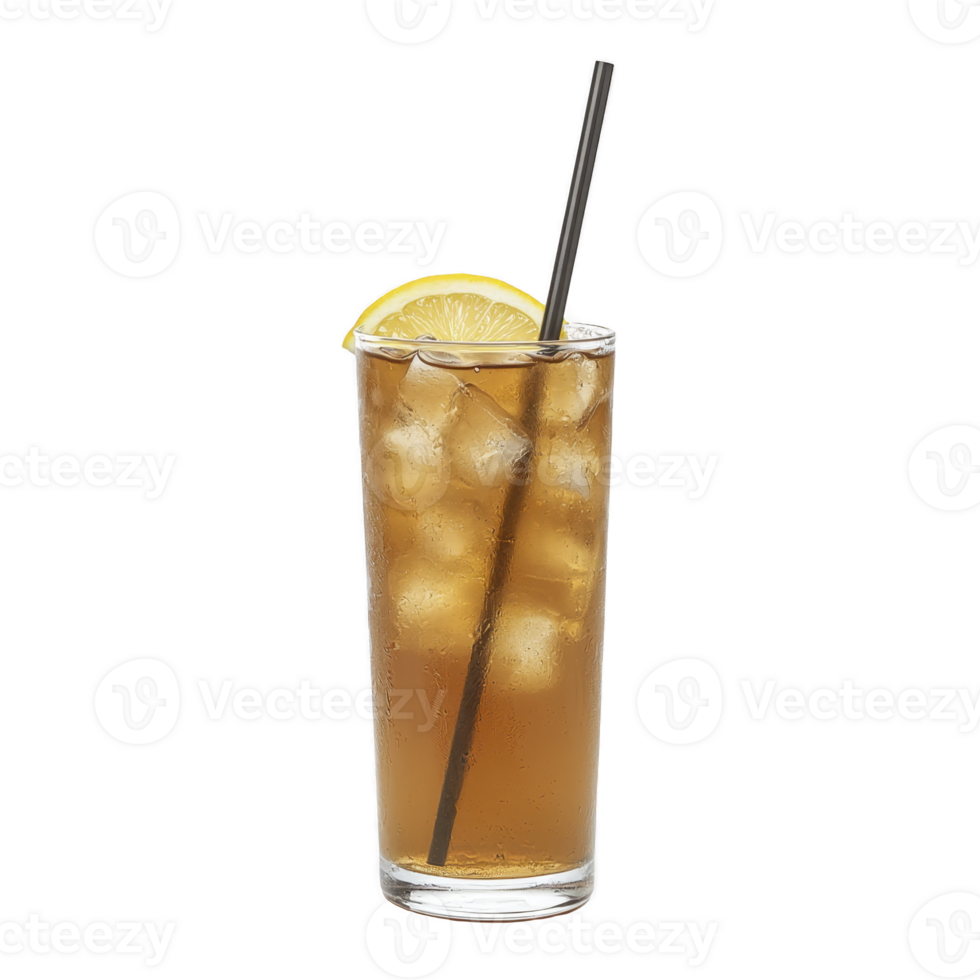 Refreshing iced tea in tall glass with ice cubes, garnished with lemon slice and black straw. drink is set against plain background, highlighting its cool and inviting appearance png