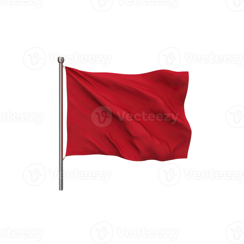 Red flag waves on silver pole against plain background, symbolizing caution or warning. fabric appears to be gently rippling in wind, creating sense of movement png