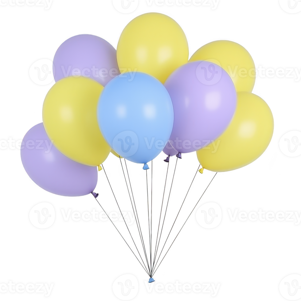Colorful balloons in pastel shades of yellow, purple, and blue are clustered together, creating cheerful and festive atmosphere. balloons are tied with strings, ready for celebration png