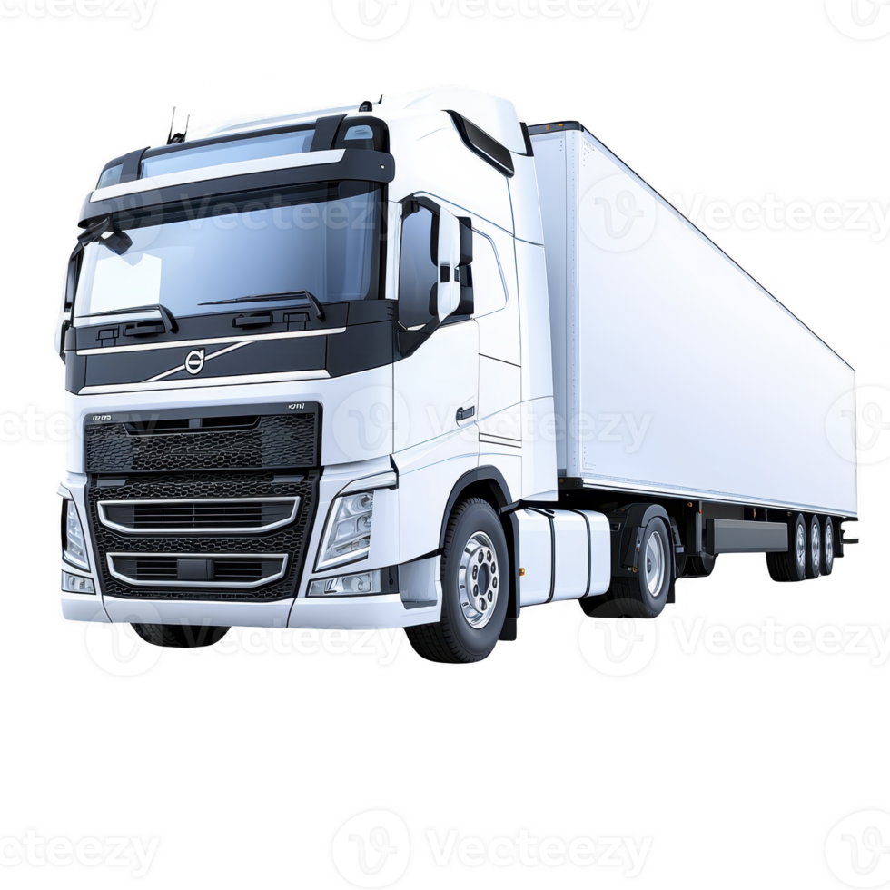 White semi truck with large trailer is depicted, showcasing modern design and sleek appearance. vehicle is positioned at angle, highlighting its aerodynamic features and robust build png