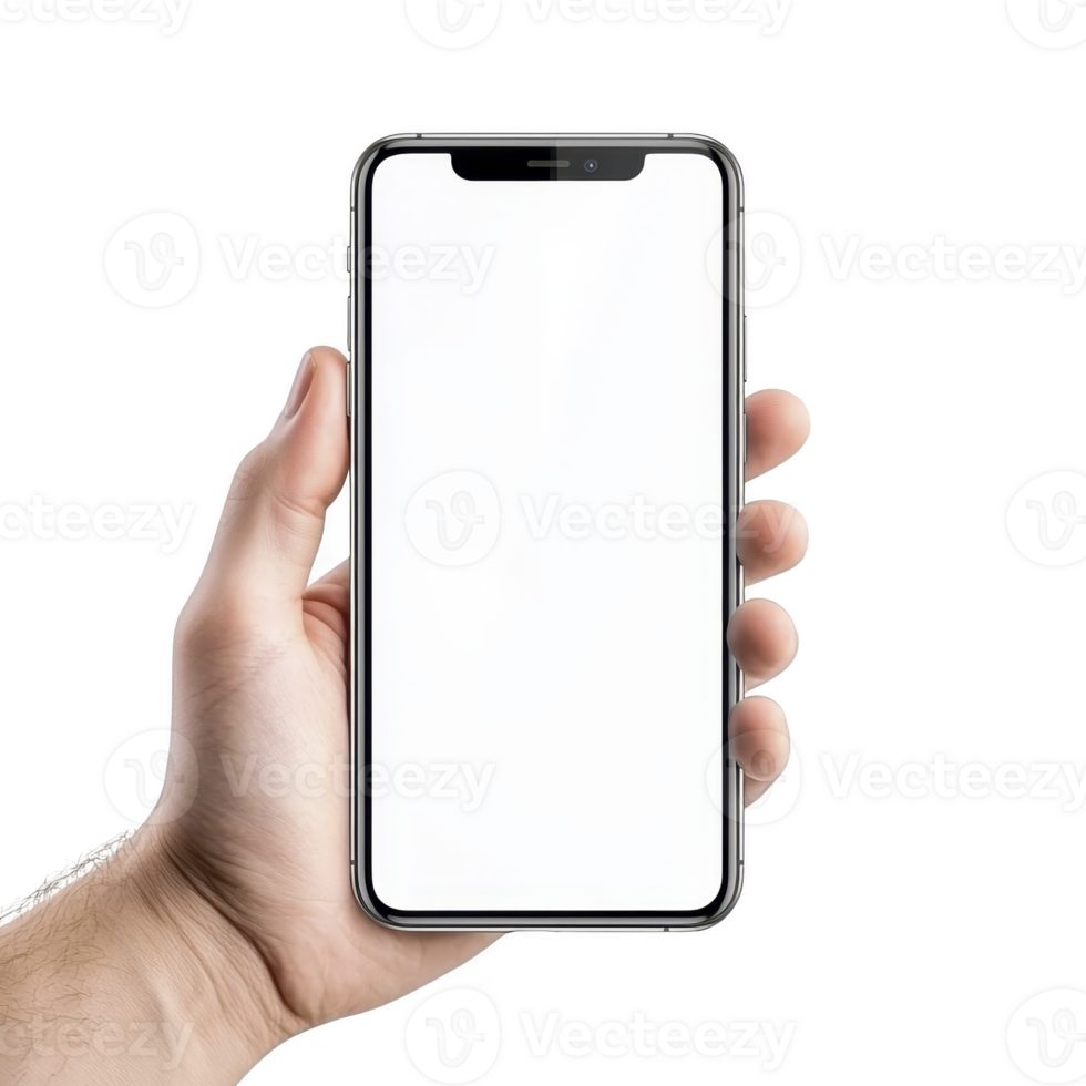Hand holding modern smartphone with blank white screen, isolated on transparency background. image focuses on device, showcasing its sleek design and large display png