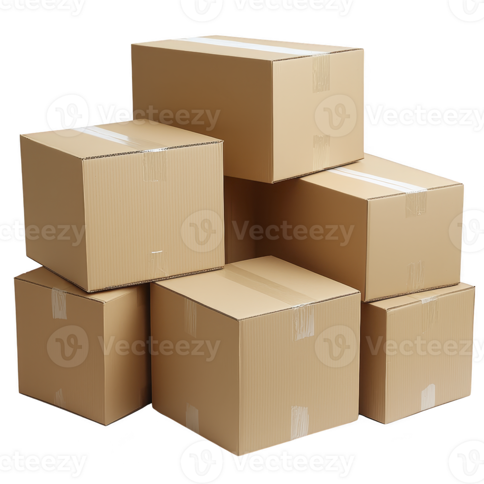 Cardboard boxes stacked in pyramid shape, showcasing packaging and storage solutions. boxes are plain, brown, and sealed with tape, ideal for moving or shipping png