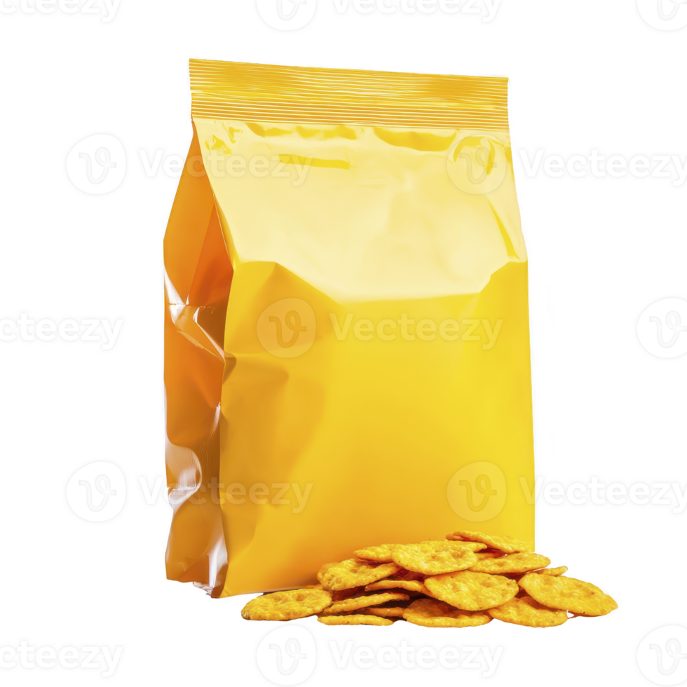 Bright yellow snack bag stands upright next to pile of crispy, golden chips, creating inviting and appetizing display png