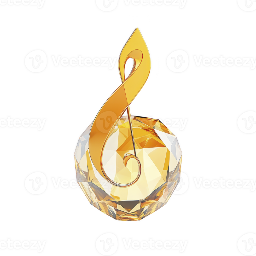 Golden treble clef elegantly rests atop faceted crystal sphere, symbolizing music and luxury. intricate design and sparkling facets create sense of sophistication and artistic flair png
