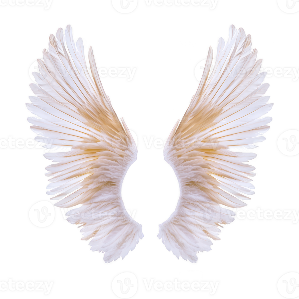 White angel wings with soft, delicate feathers spread open against transparent background, symbolizing purity and freedom. wings have gentle gradient from white to light brown png