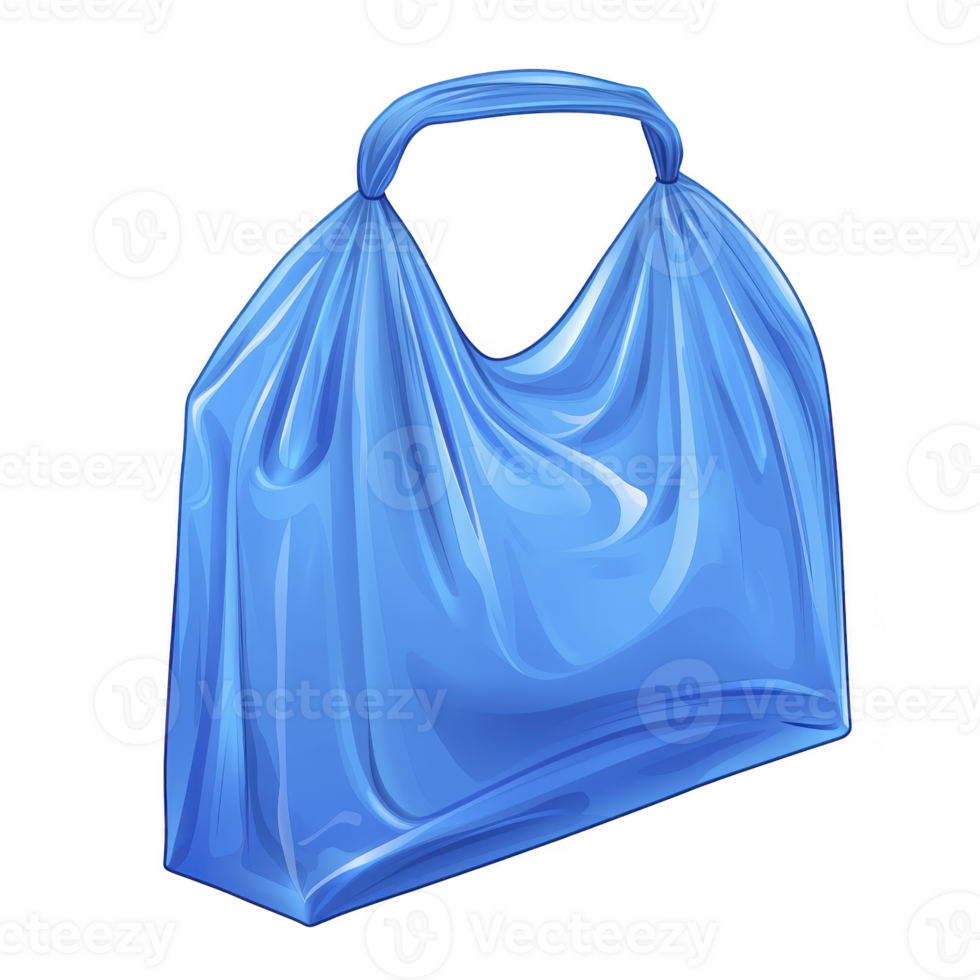 Blue plastic shopping bag with handle, depicted in realistic style, isolated on transparency background. bag appears crumpled and shiny, suggesting lightweight material png