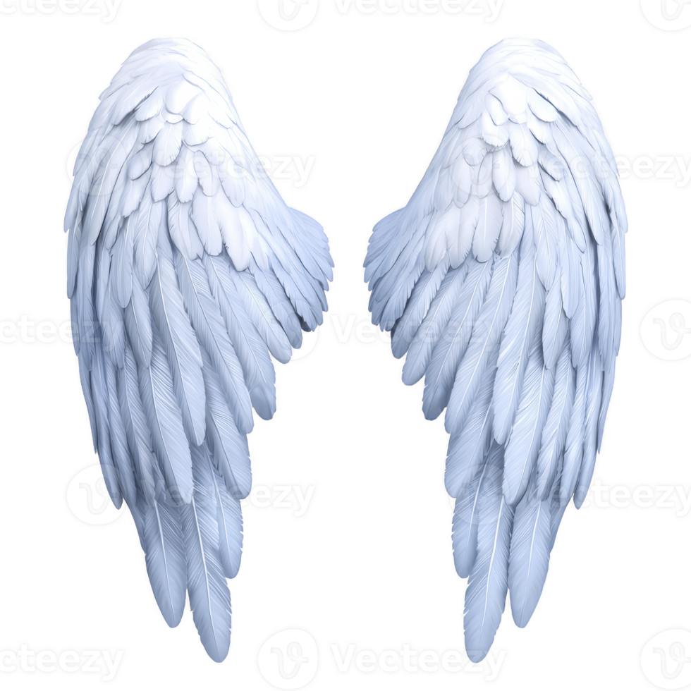 White angel wings with detailed feathers are depicted against transparent background, symbolizing purity and grace. wings are symmetrical and appear soft and ethereal png