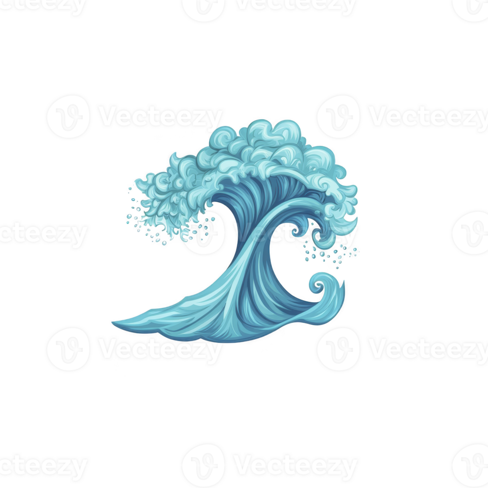 Stylized illustration of dynamic ocean wave with curling foam, showcasing vibrant shades of blue and white. wave movement is captured with artistic flair, evoking sense of energy and fluidity png