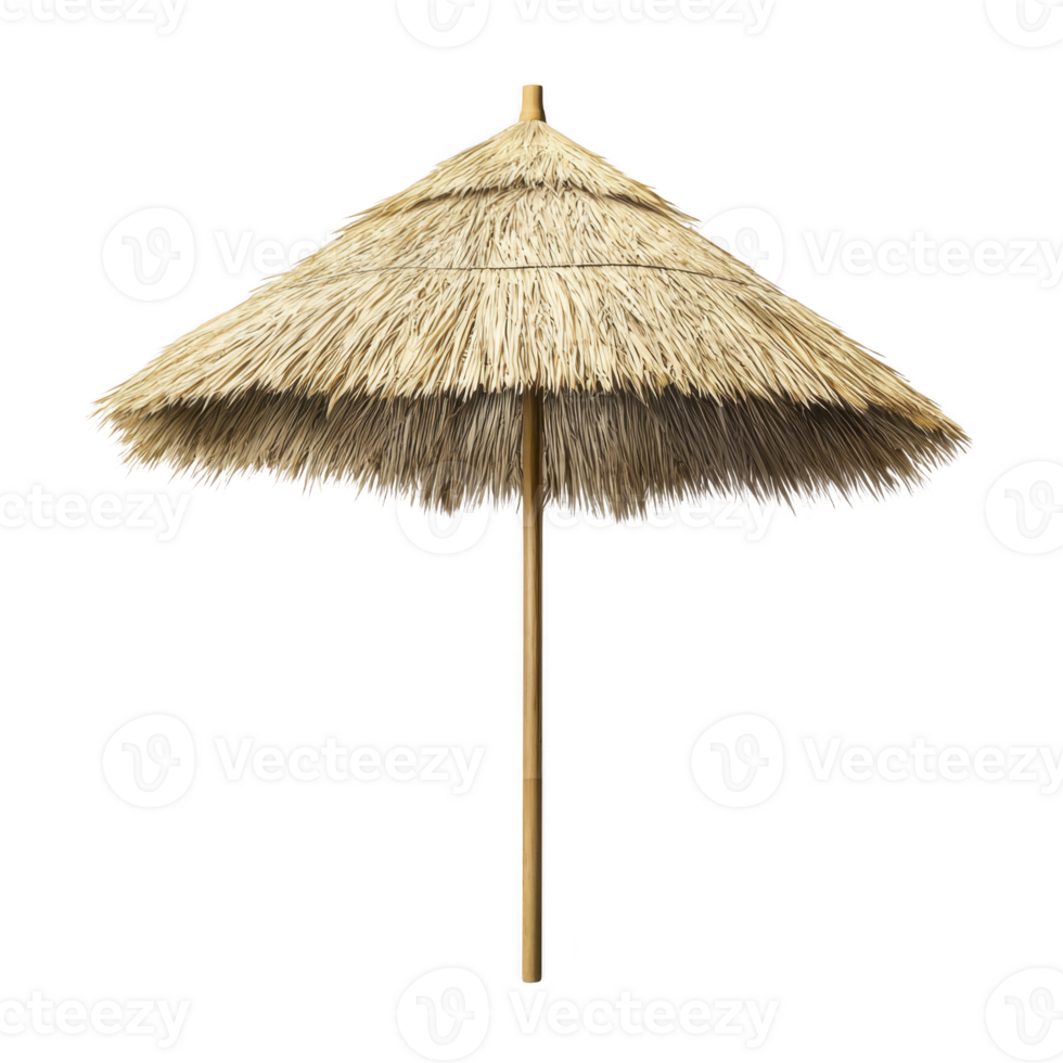 Straw beach umbrella with wooden pole provides shade and tropical feel, perfect for outdoor relaxation. Its natural materials blend seamlessly with beach or garden settings png