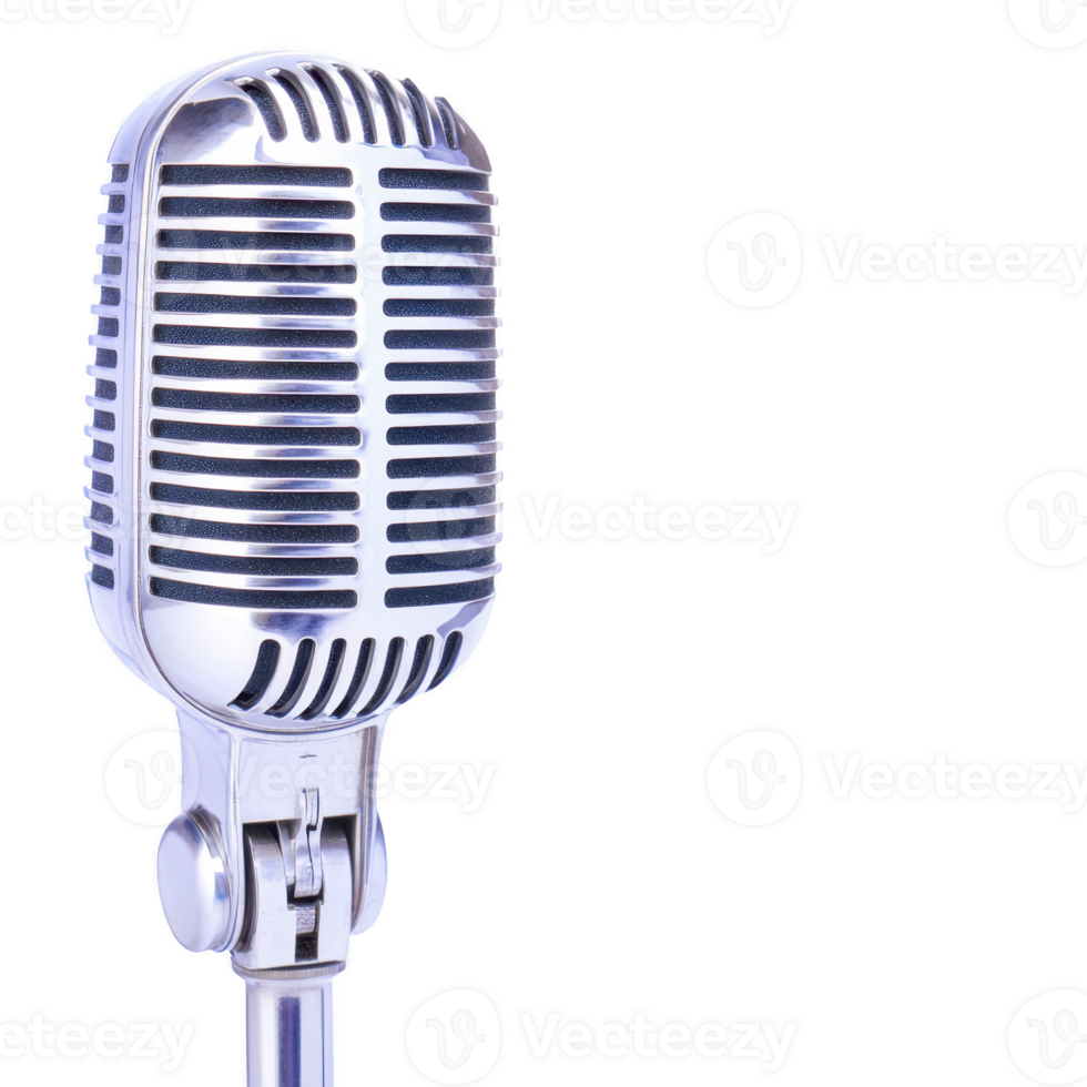 Vintage style silver microphone stands prominently against plain background, evoking sense of nostalgia and classic charm. microphone sleek design and metallic finish highlight its retro appeal png