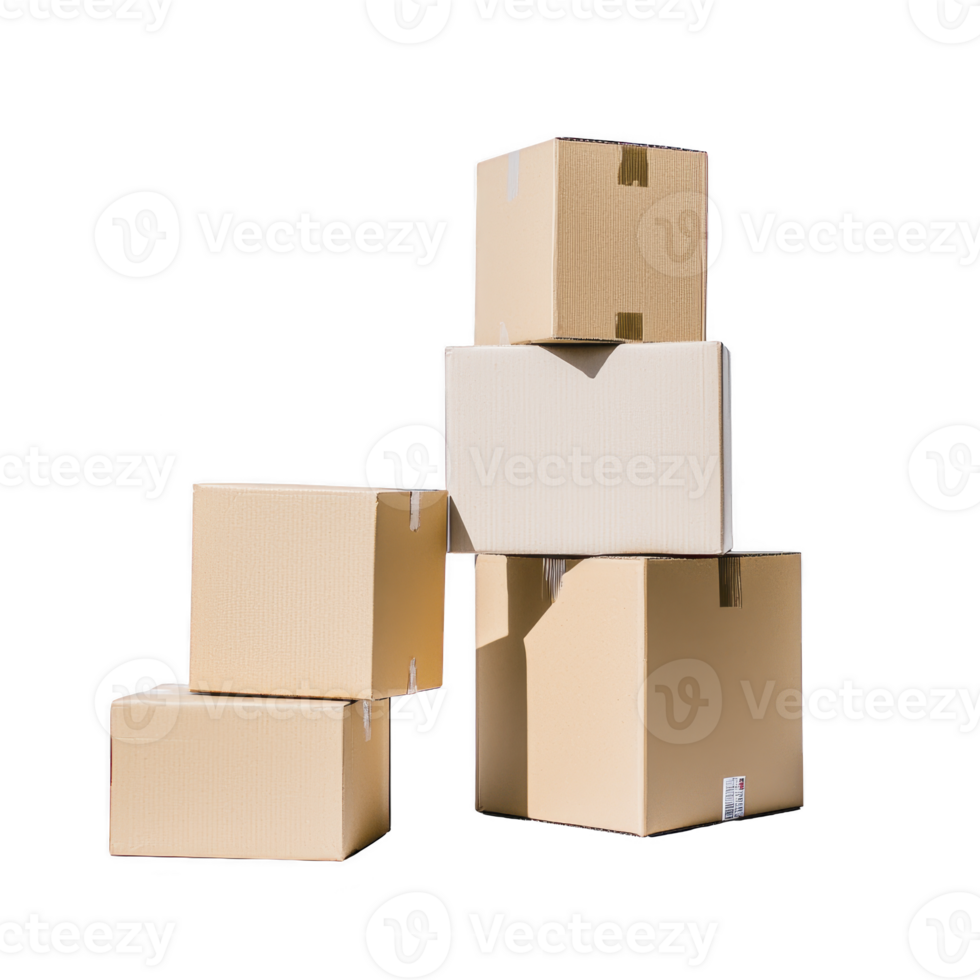 Five cardboard boxes are stacked in balanced arrangement, showcasing concept of organization and storage. boxes vary in size and are set against plain background png