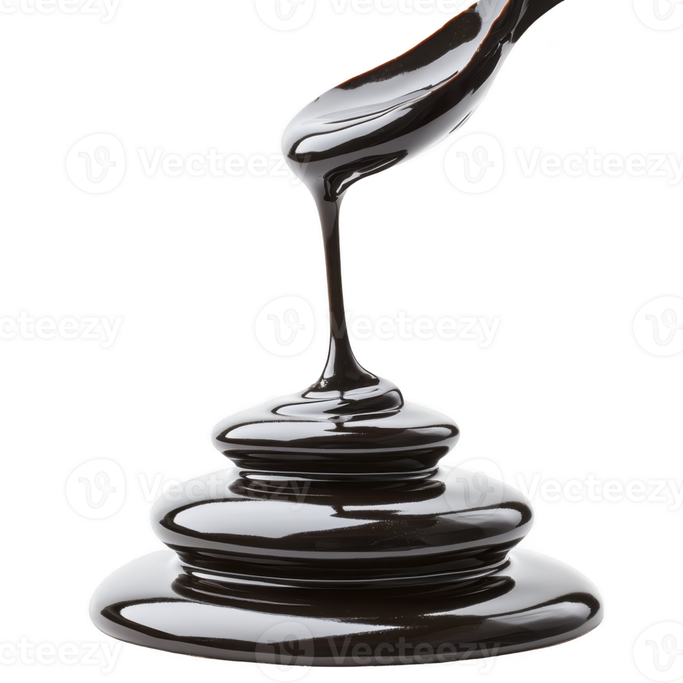 Spoon drizzles smooth, glossy chocolate syrup onto stack, creating rich, indulgent cascade. dark, shiny liquid forms elegant layers, evoking sense of luxury and sweetness png