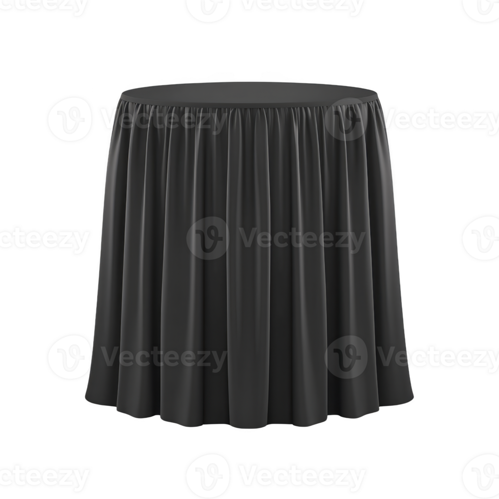 Round table covered with long, elegant black tablecloth, creating sophisticated and formal appearance, suitable for events or dining settings png