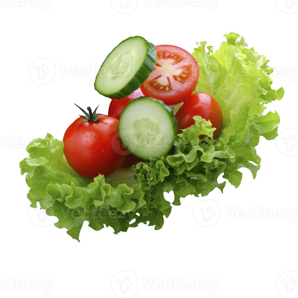 Fresh lettuce, tomatoes, and cucumber slices arranged in vibrant, healthy salad. crisp greens and juicy red tomatoes contrast with cool, refreshing cucumber png