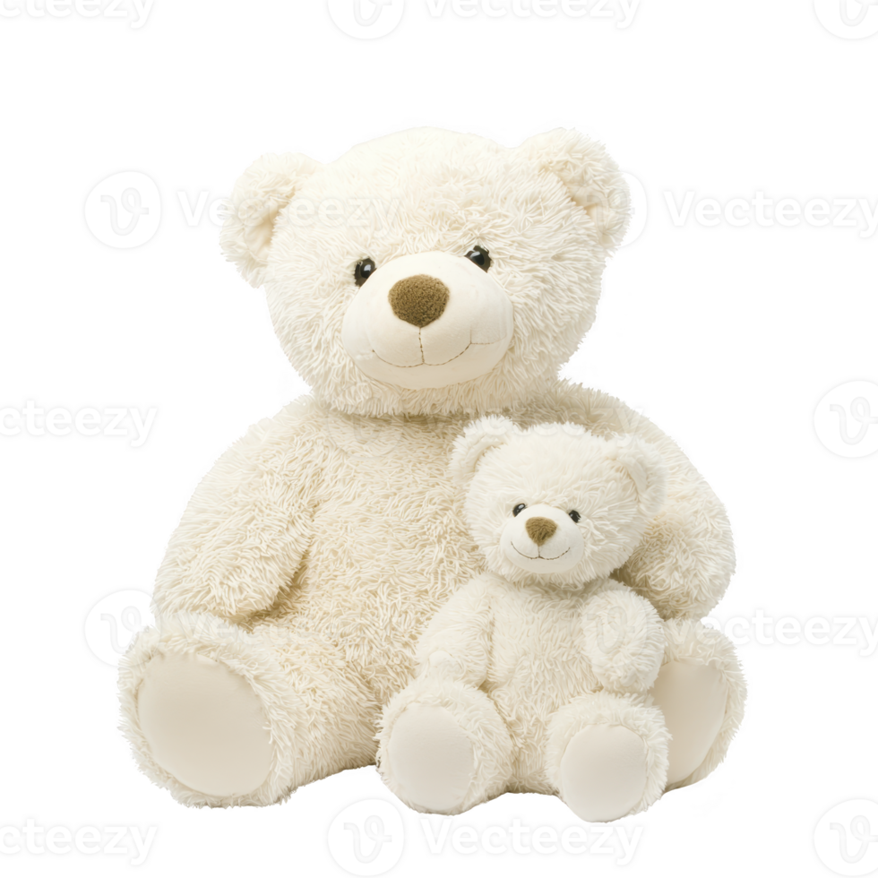Two fluffy teddy bears, one large and one small, sit together, showcasing heartwarming and cozy scene. soft, plush texture and friendly expressions evoke warmth and comfort png