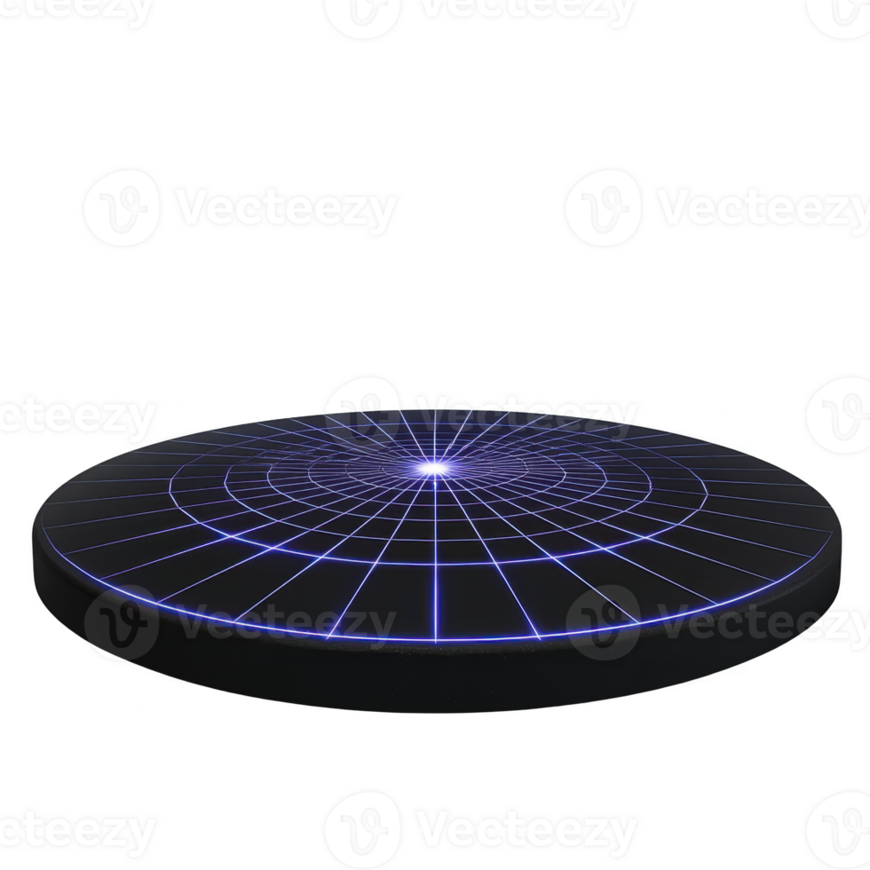 Glowing blue grid forms circular platform, creating futuristic and digital appearance. grid lines converge at center, giving sense of depth and perspective png