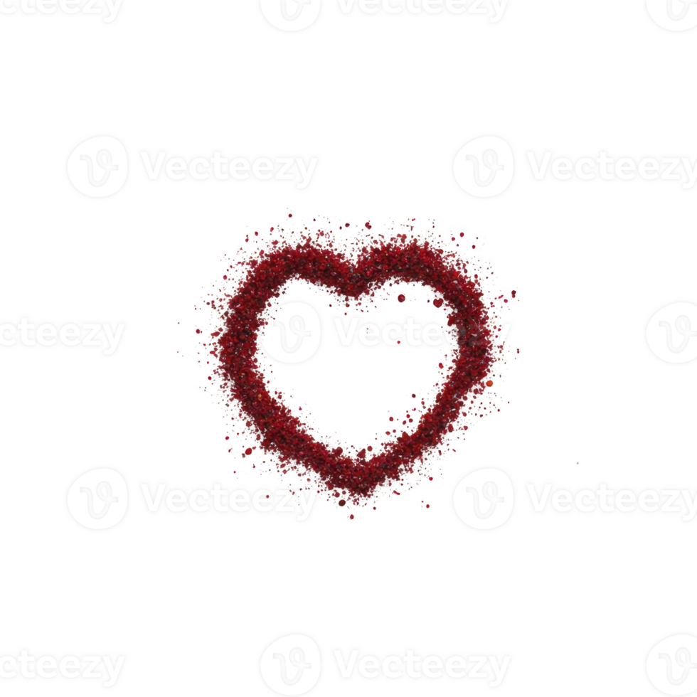 Red heart shape made of scattered particles on transparency background creates romantic and artistic effect. design is simple yet expressive, conveying love and affection png