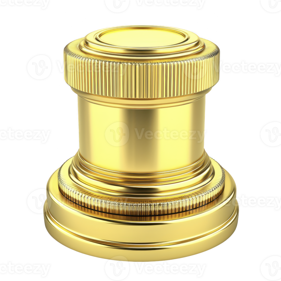 Shiny gold chess piece, resembling rook, stands out with its intricate design and reflective surface, symbolizing luxury and strategy. piece is isolated on transparency background png