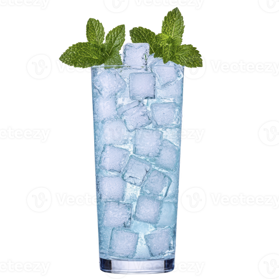 Refreshing tall glass filled with ice cubes and garnished with fresh mint leaves, perfect for cool drink on hot day png