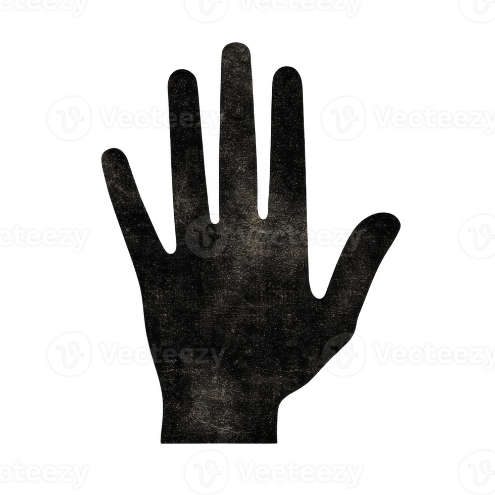 Silhouette of open hand with textured, vintage appearance, isolated on transparent background. hand is positioned upright, fingers spread, creating bold and striking visual png
