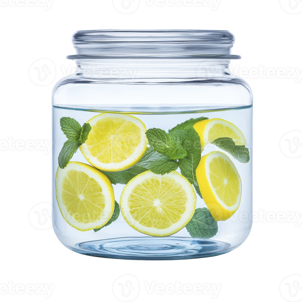 Glass jar filled with refreshing water, lemon slices, and mint leaves, creating vibrant and healthy drink. clear jar showcases bright yellow lemons and fresh green mint, evoking sense of freshness png