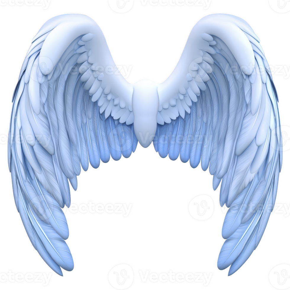 Pair of large, detailed white angel wings with soft feathers, symbolizing purity and grace, set against transparent background png