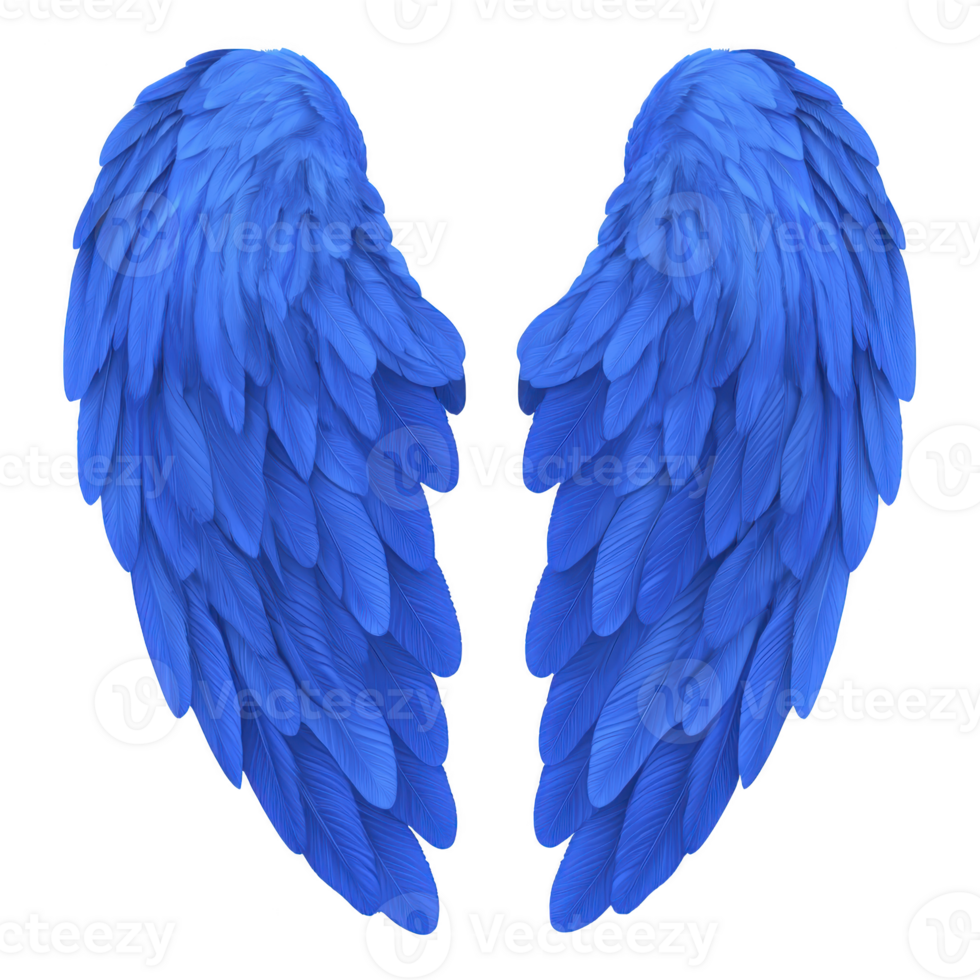 Blue angel wings with detailed feathers create sense of fantasy and freedom. vibrant color and intricate design evoke mystical and ethereal atmosphere png