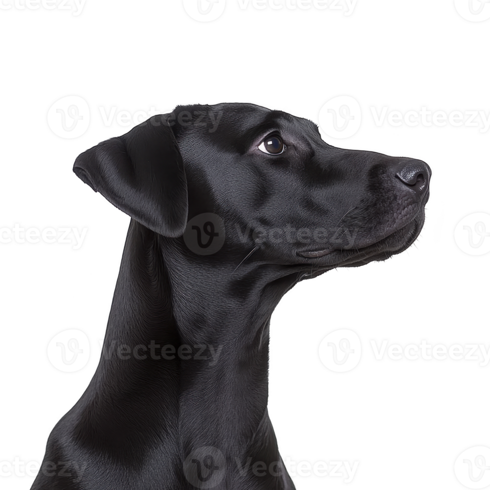 Black Labrador Retriever with shiny coat looks attentively to side against plain background, showcasing its sleek and elegant profile png