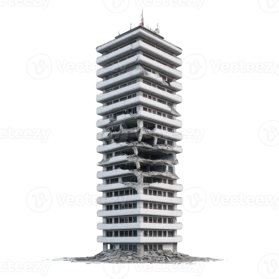 Tall, modern building with significant structural damage and debris, showing multiple floors collapsed inward, illustrating aftermath of disaster or demolition png