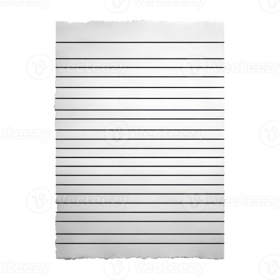 Sheet of lined paper with torn edge, featuring evenly spaced horizontal lines on transparency background. paper is isolated, emphasizing its texture and simplicity png
