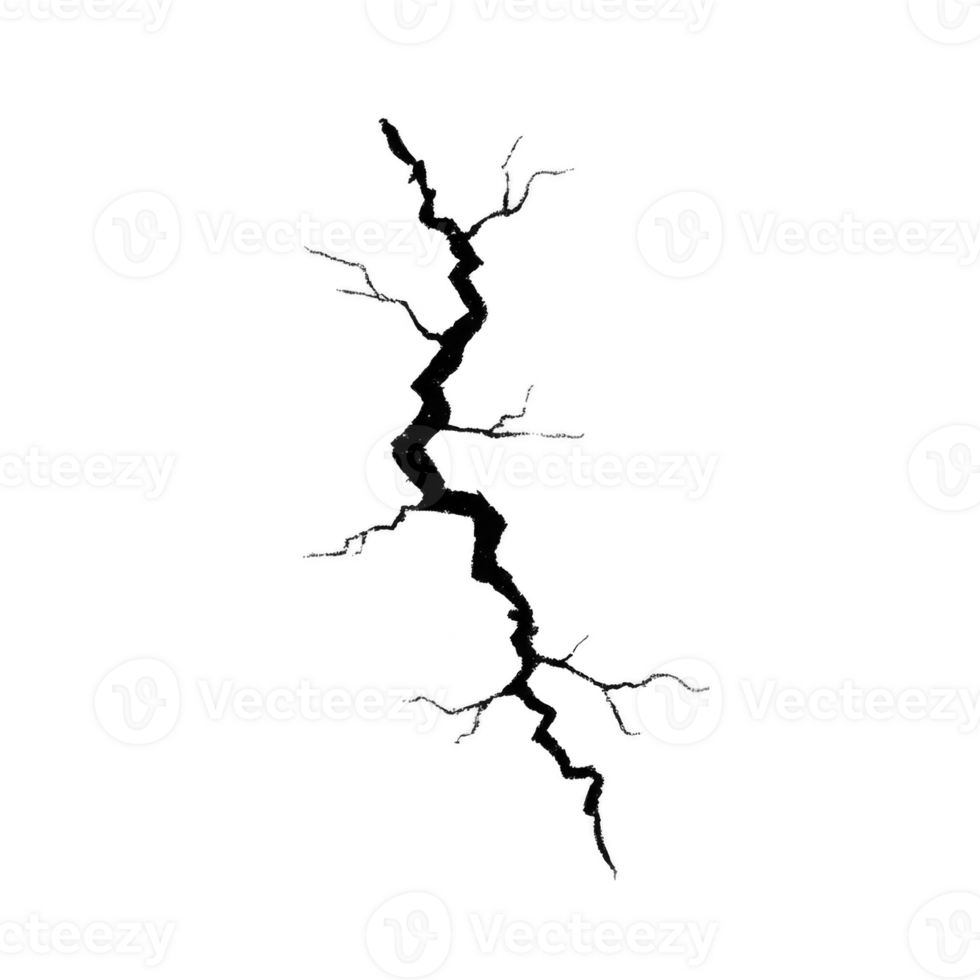 Jagged black lightning bolt with branching tendrils on transparent background, resembling crack or fracture. design is stark and dramatic, evoking sense of power and energy png