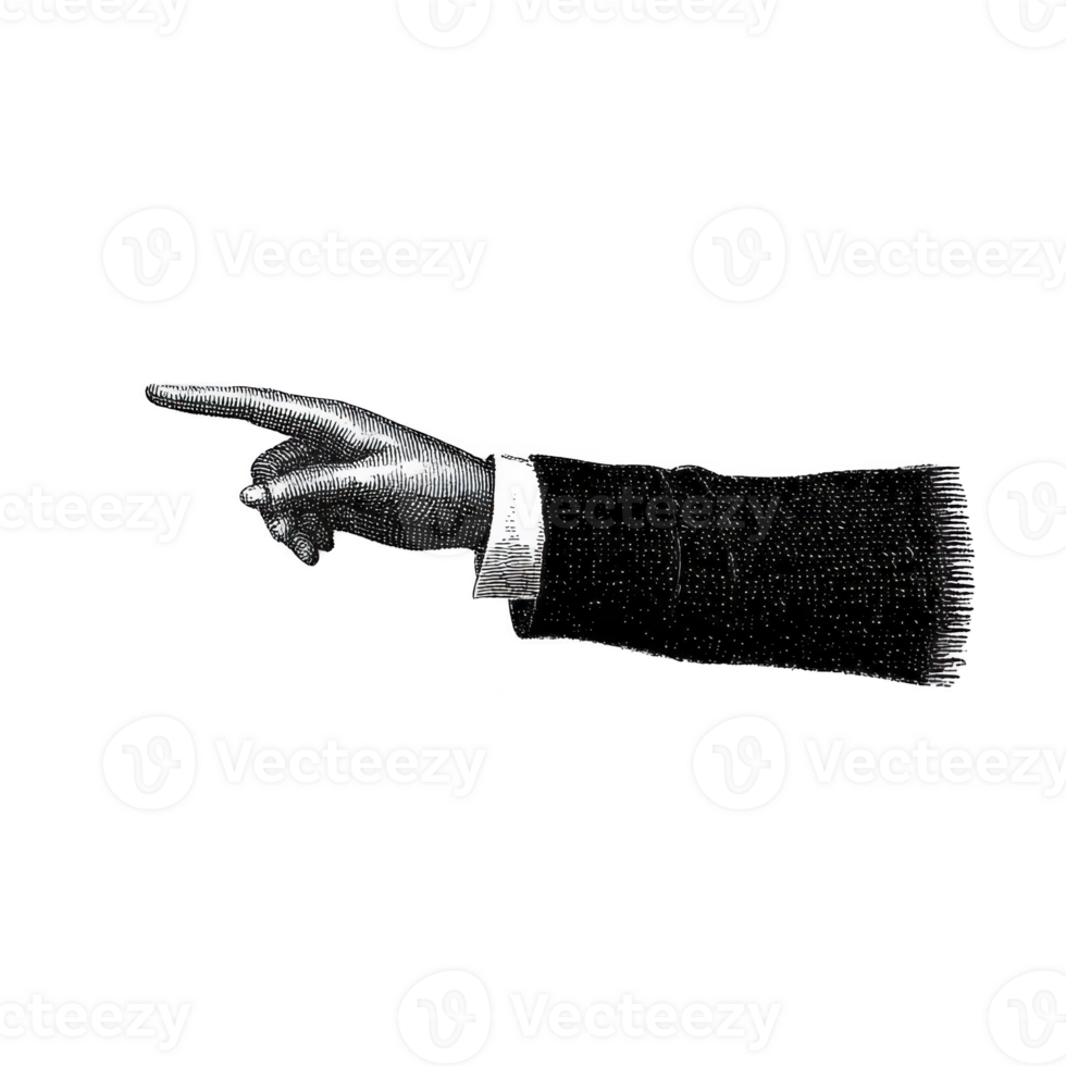Vintage illustration of pointing hand with suit sleeve, set against plain background. detailed etching style gives it classic and formal appearance png