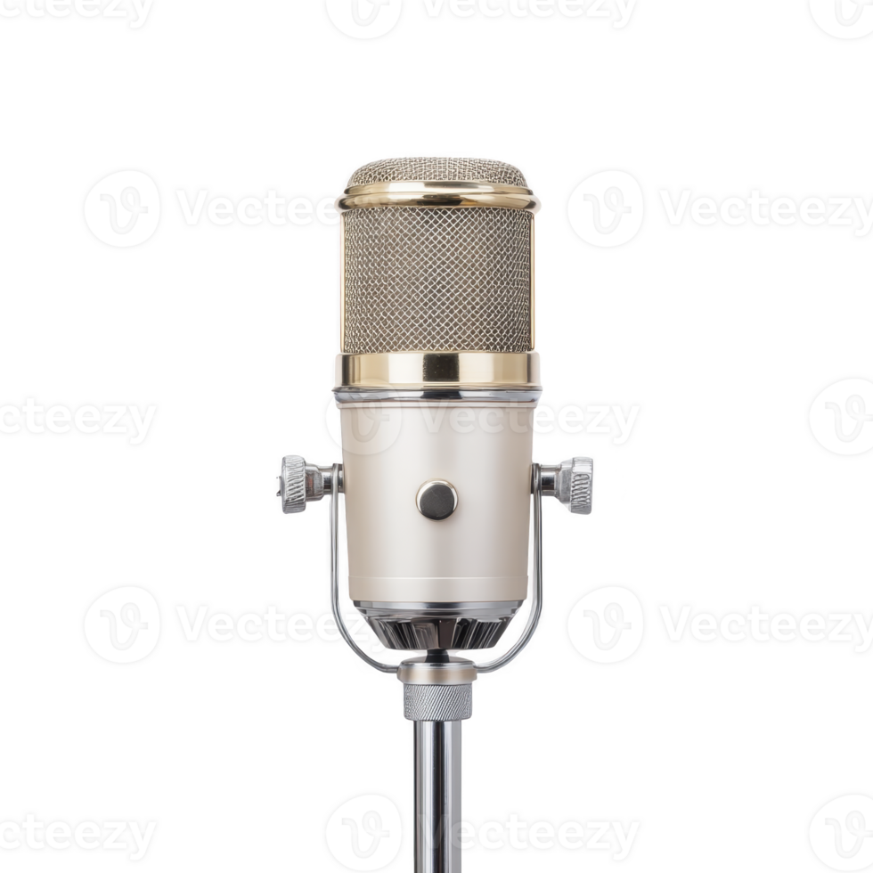 Vintage style microphone with metallic finish and mesh grille, featuring adjustable knobs, stands on sleek stand, ideal for professional audio recording or broadcasting png