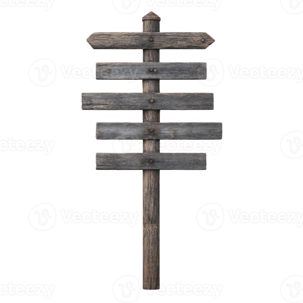Rustic wooden signpost with multiple blank directional arrows, ideal for customization. weathered texture adds vintage charm, perfect for outdoor or nature themed settings png