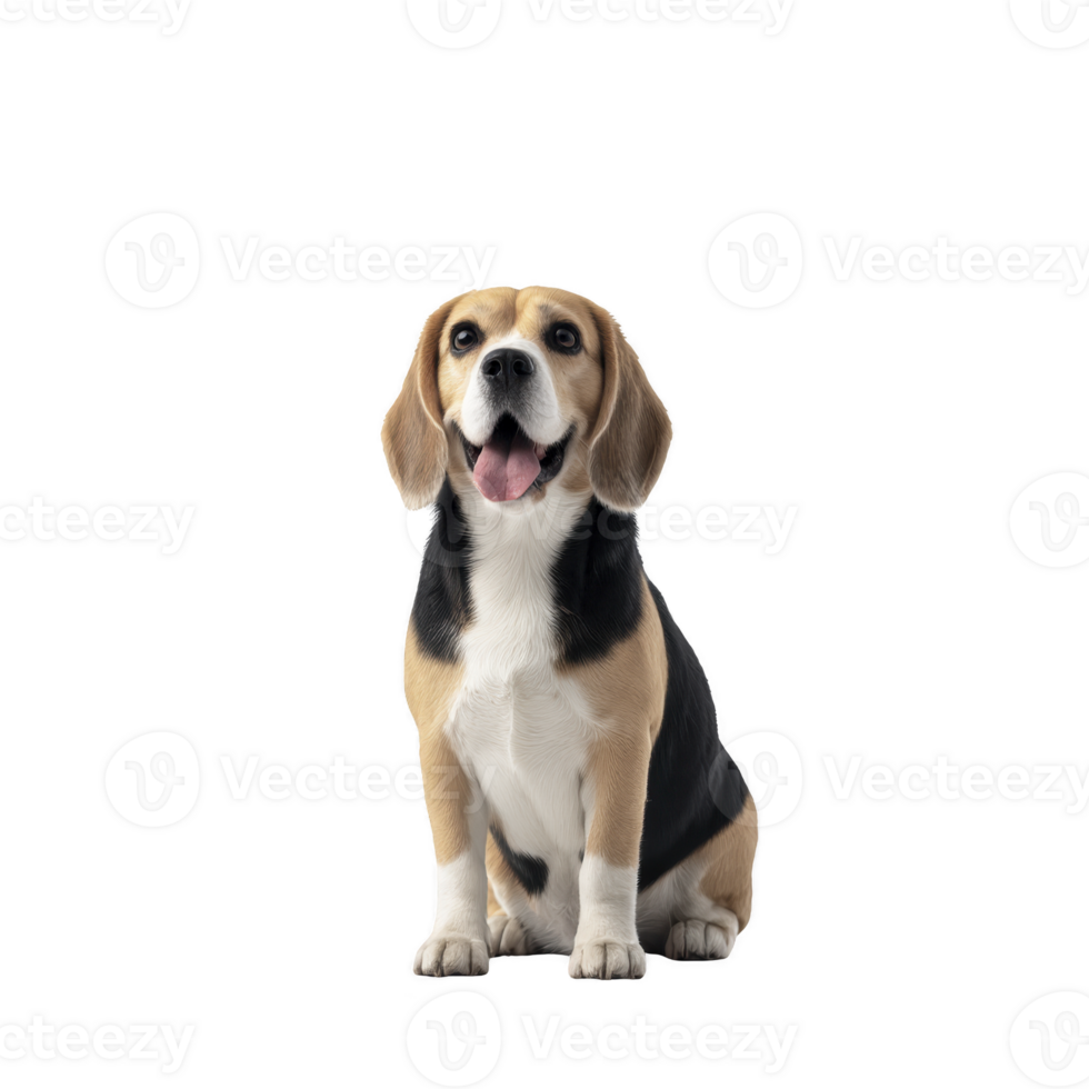 Happy beagle dog sits with its tongue out, showcasing its tricolor coat of black, white, and brown. dog appears cheerful and attentive, embodying playful nature of breed png