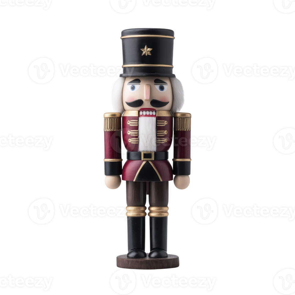 Traditional wooden nutcracker soldier stands upright, featuring classic design with tall black hat, red and gold uniform, and white hair. nutcracker exudes festive and nostalgic charm png
