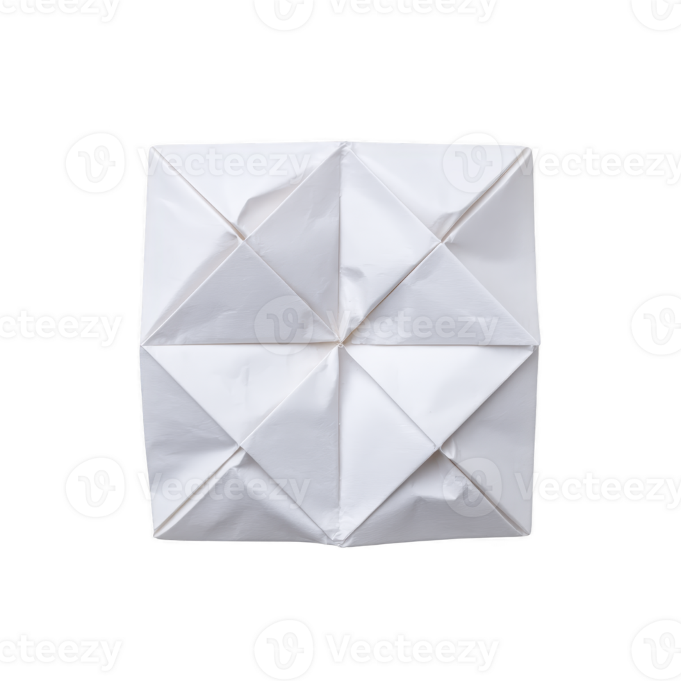 White paper sheet is intricately folded into geometric pattern, showcasing art of origami with precision and creativity. design features symmetrical triangular shapes png